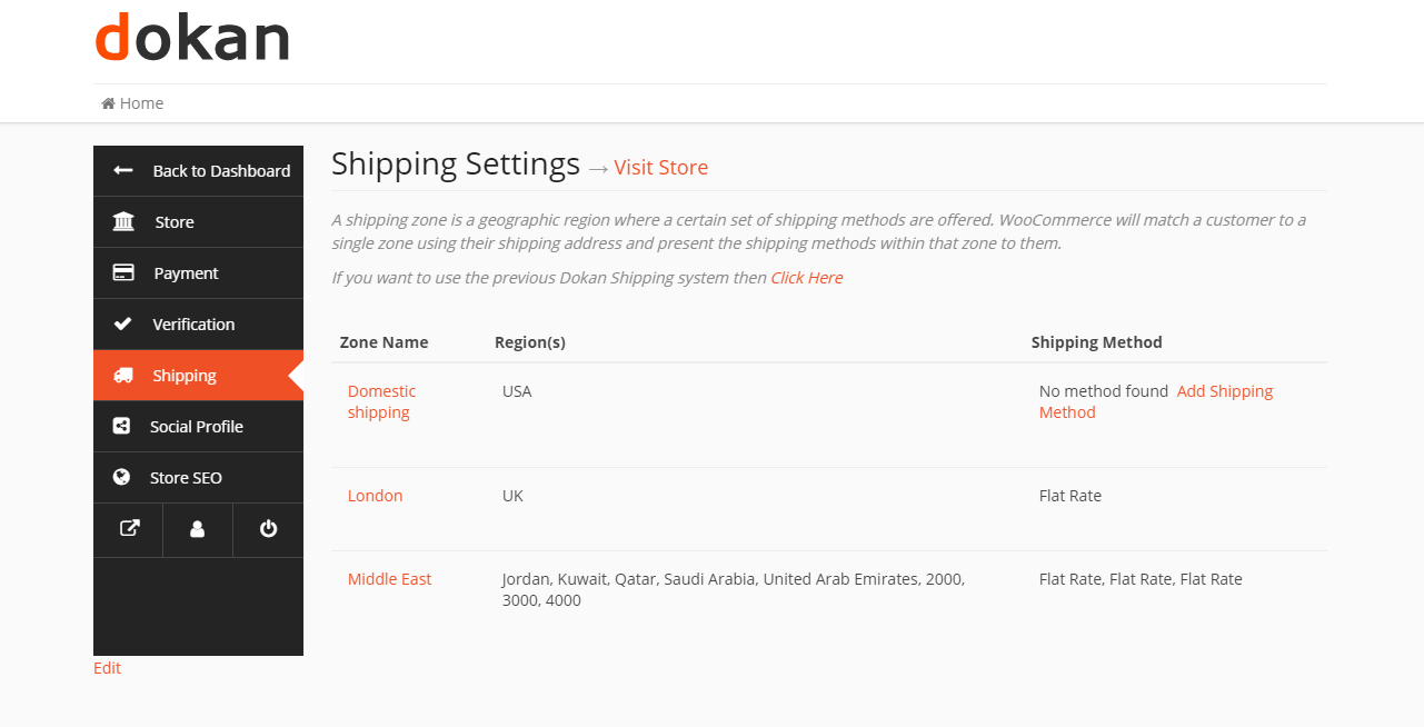 A screenshot of Dokan zone based vendor shipping settings