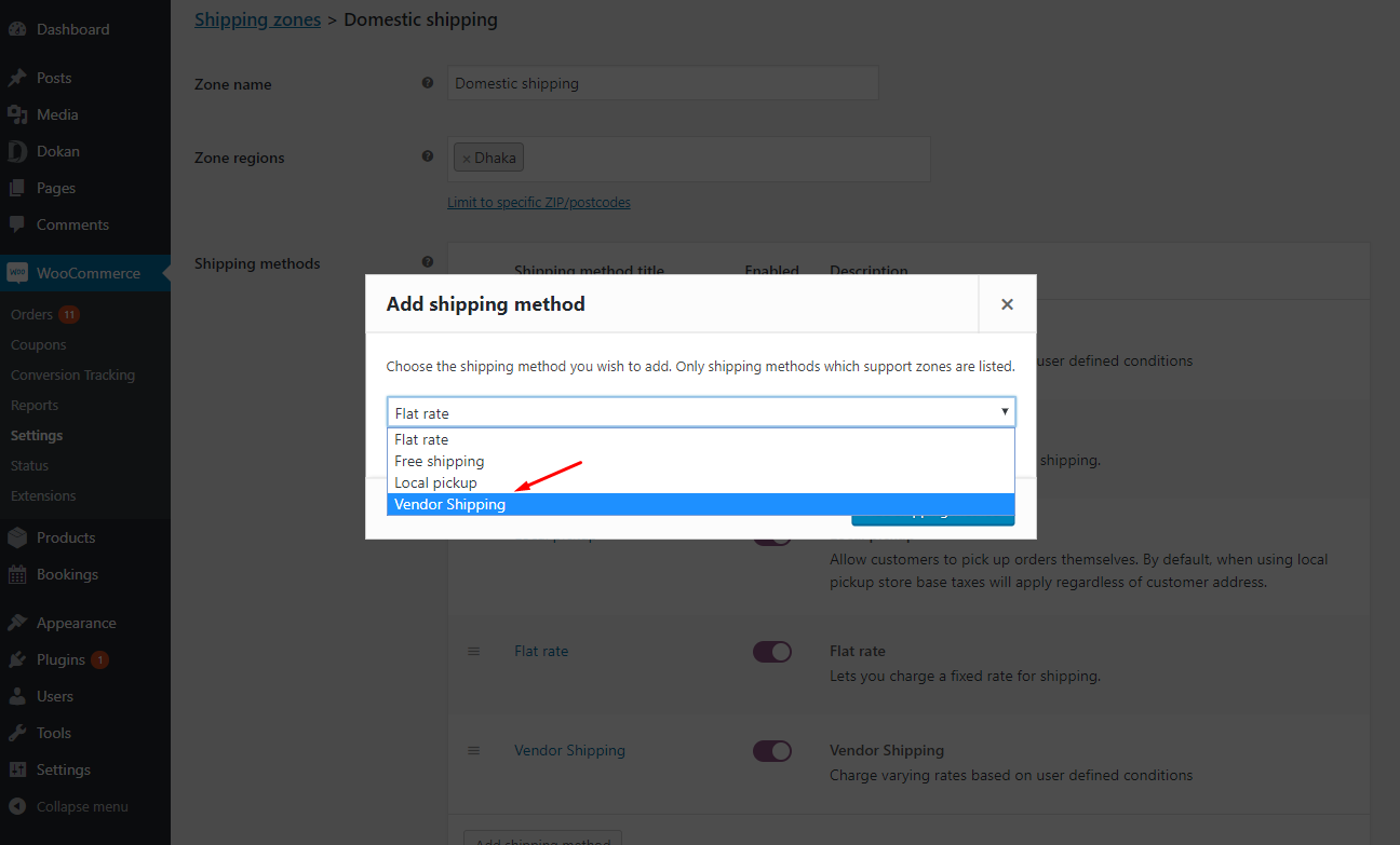 A screenshot of available shipping options in WooCommerce- zone based vendor shipping