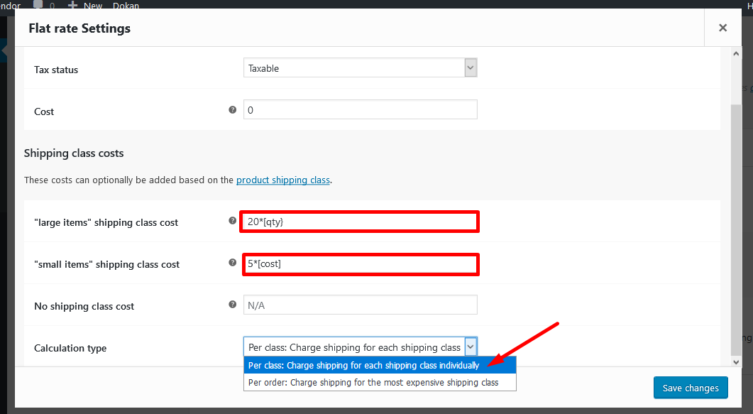 This image shows Dokan shipping settings