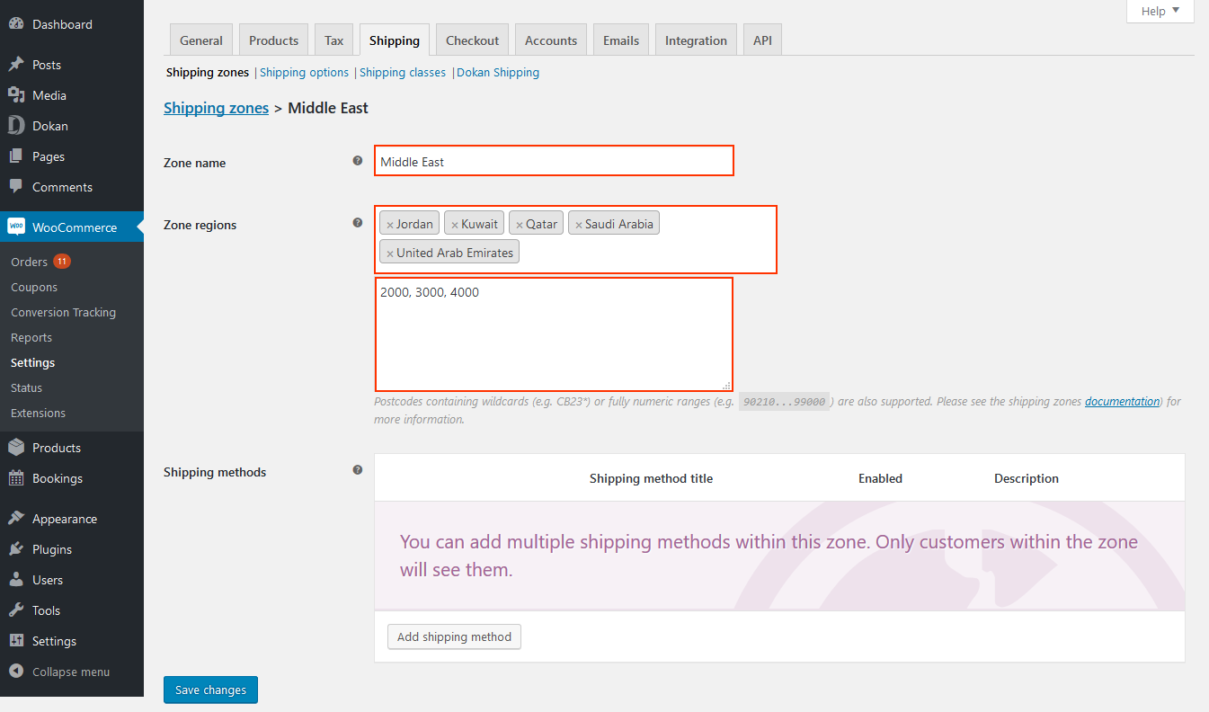 This is an image that shows Dokan new shipping method options