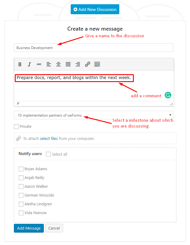 Add a new discussion in WP Project Manager