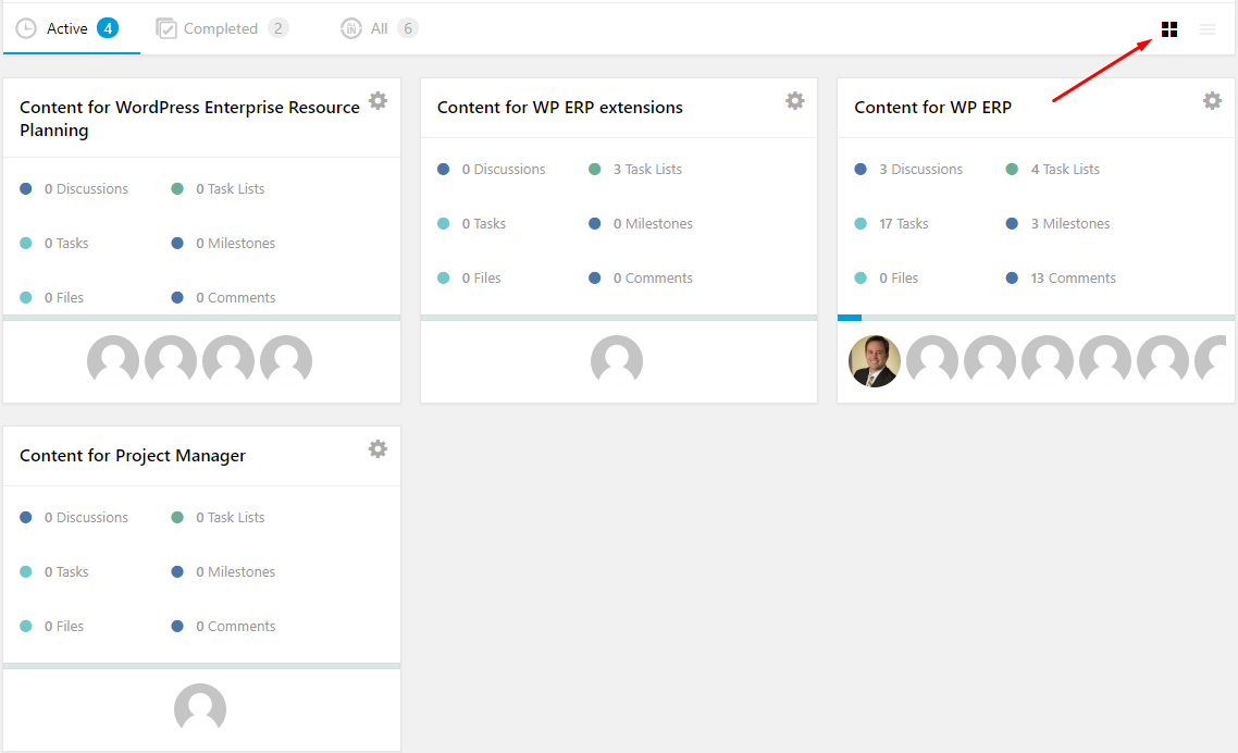Grid view of projects in WP Project Manager