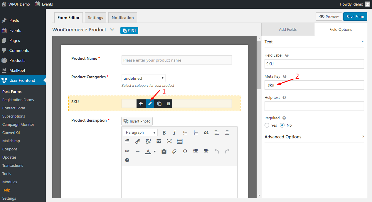 This image indicates WooCommerce product SKU configuration using the WP User Frontend Plugin