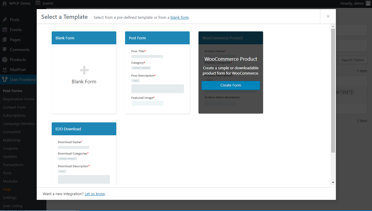 This image shows templates of the WP User Frontend plugin