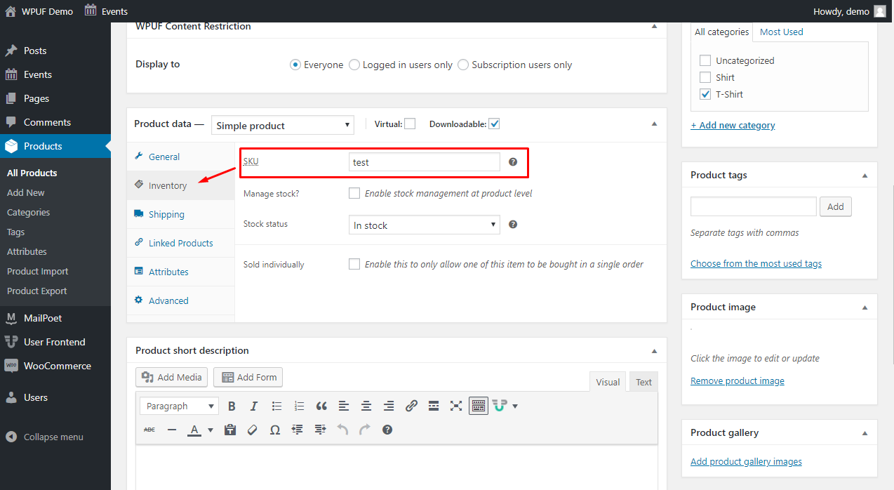 This image indicates WooCommerce product SKU settings 