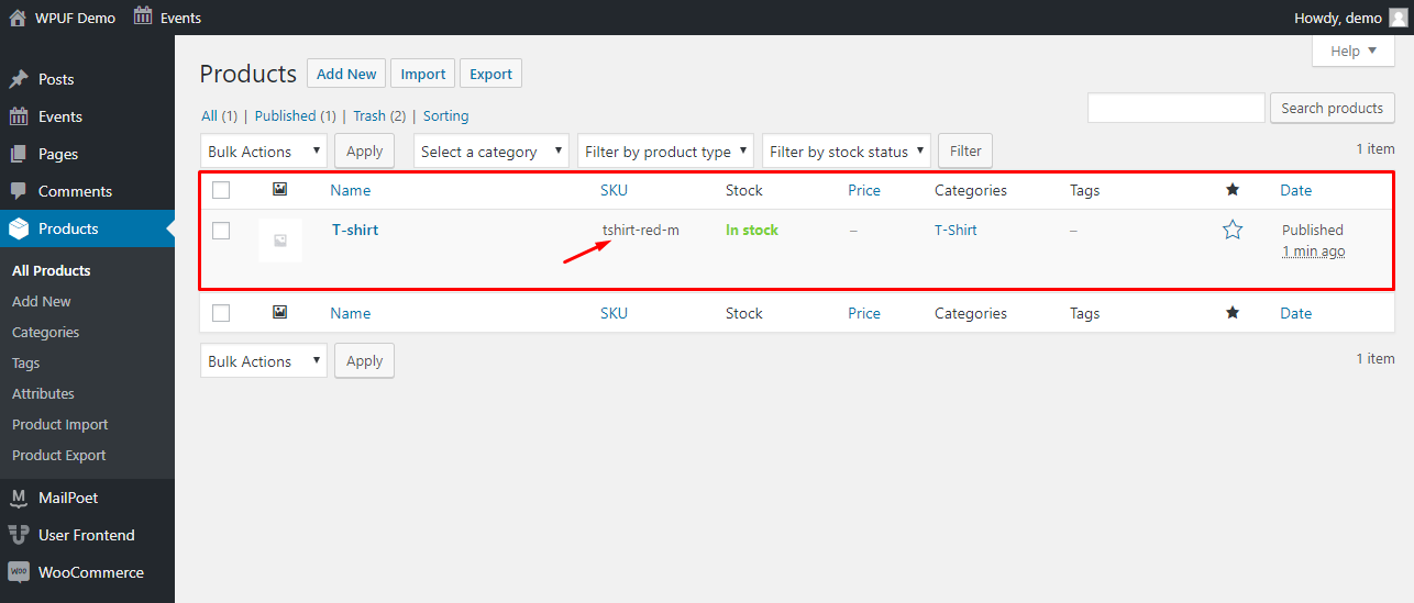 This image shows WooCommerce product SKU option