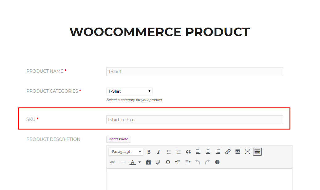 This image shows WooCommerce product SKU box.