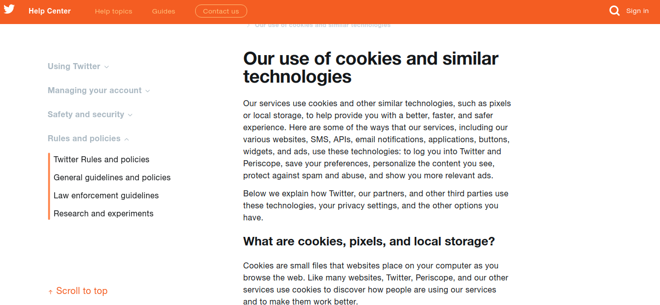 This image shows an example of a Cookies policy page. 