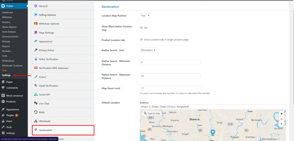 this is a screenshot of Dokan Geolocation Settings