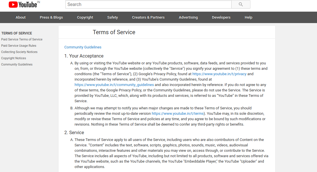This is a screenshot of a Terms and Conditions page