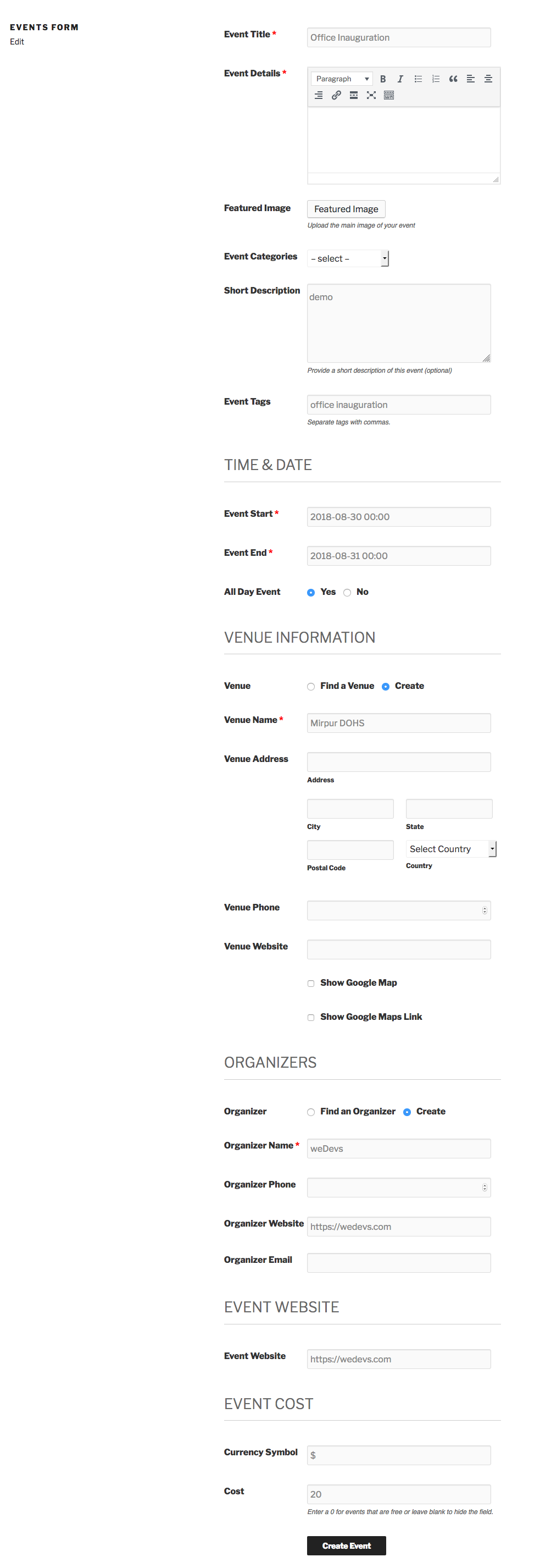 Frontend view of the events calendar