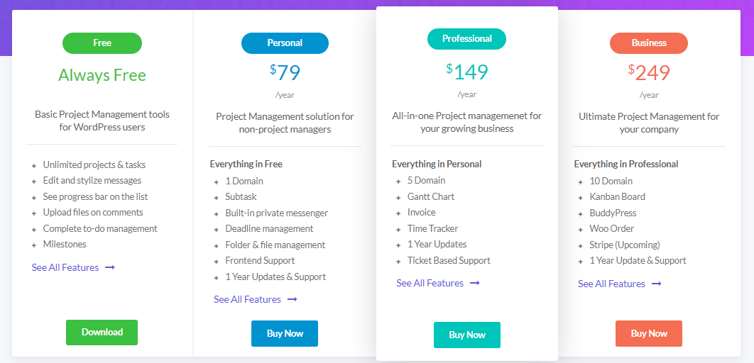 Pricing plans of WP Project Manager