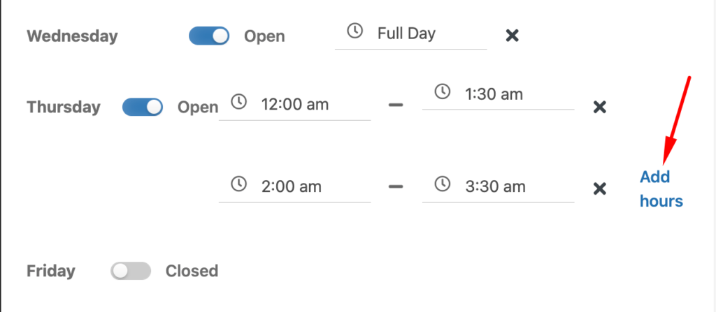 This image shows how to add multiple opening and closing hours 