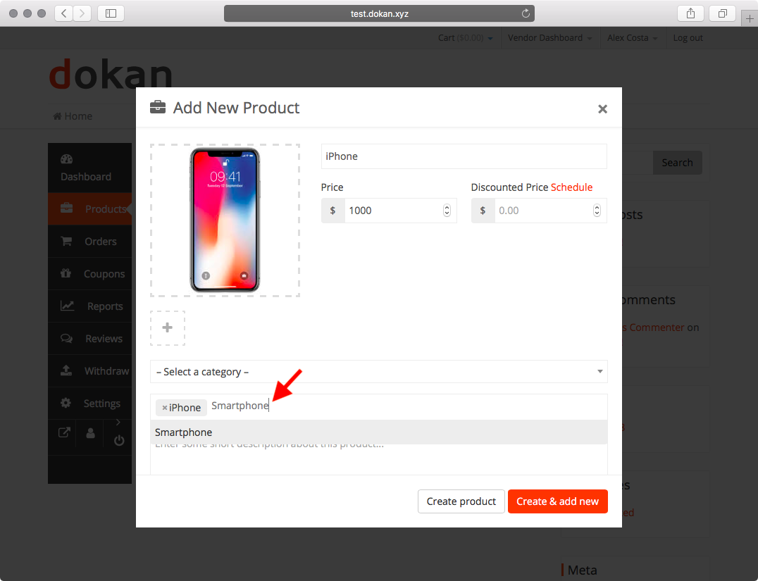 dokan vendor add product set new tags