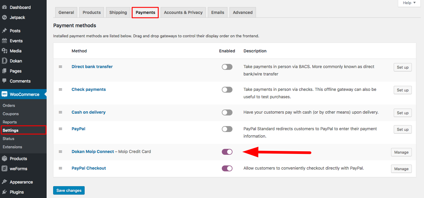 woocommerce settings payments dokan moip connect