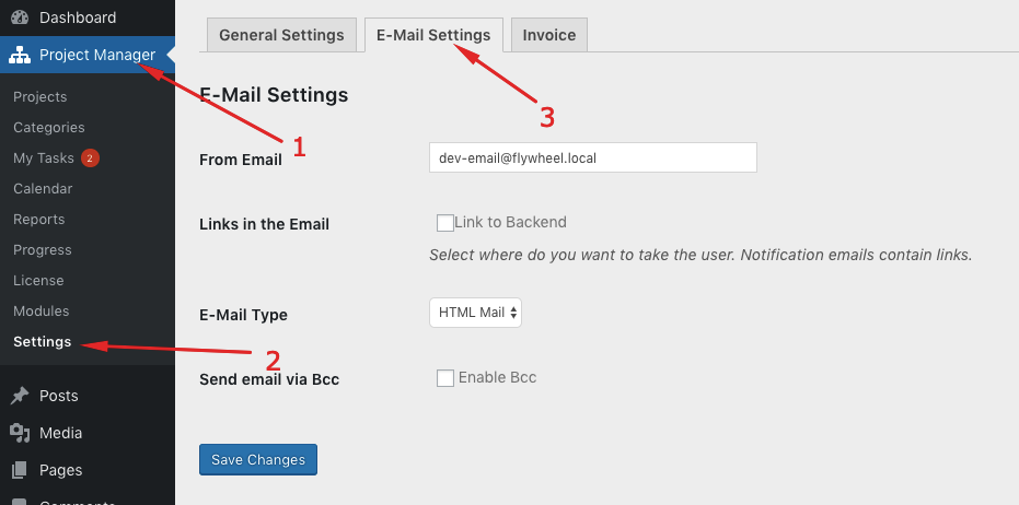 Email settings in WP Project Manager