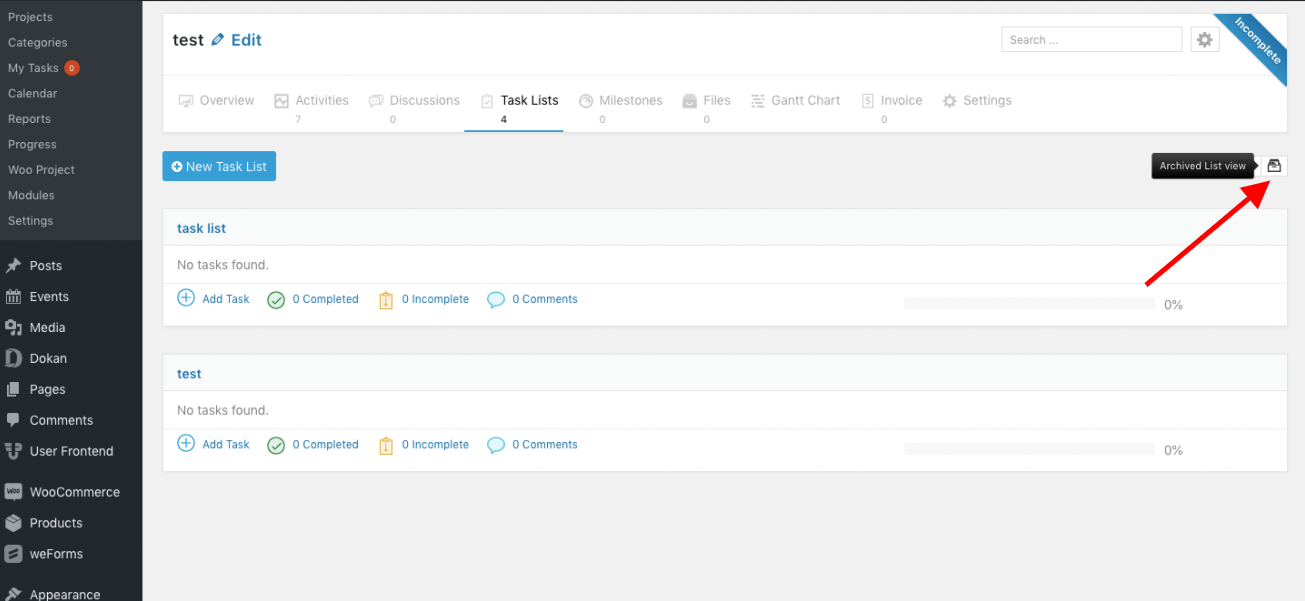 View all the archived task list in WP Project Manager