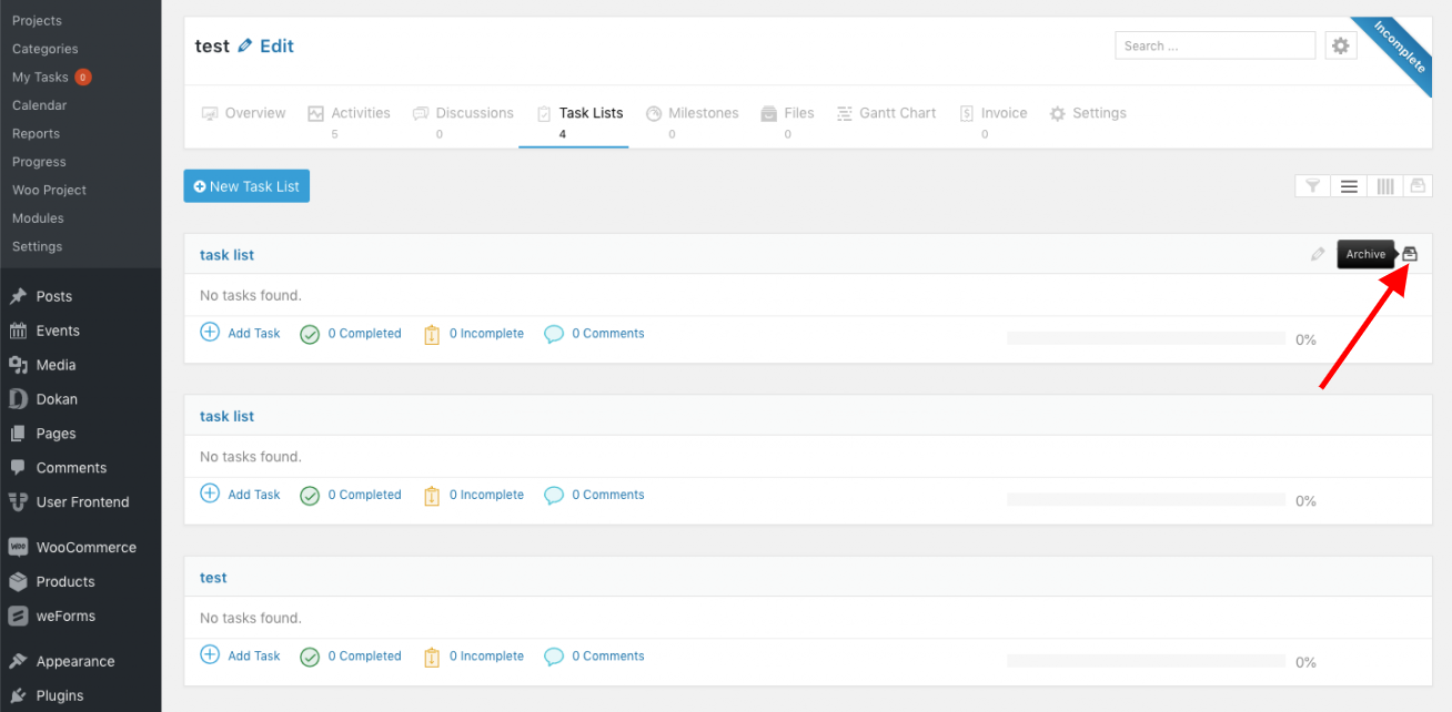 Archive task list option in WP Project Manager