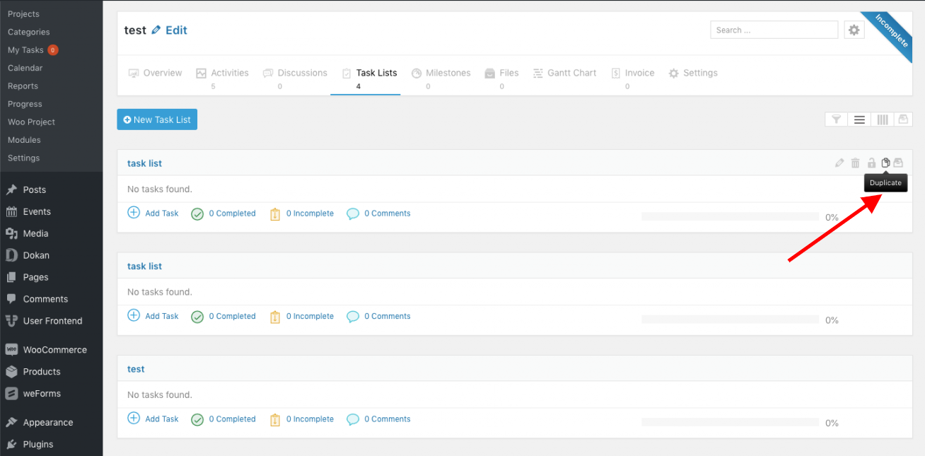 Duplicate task lists in WP Project Manager