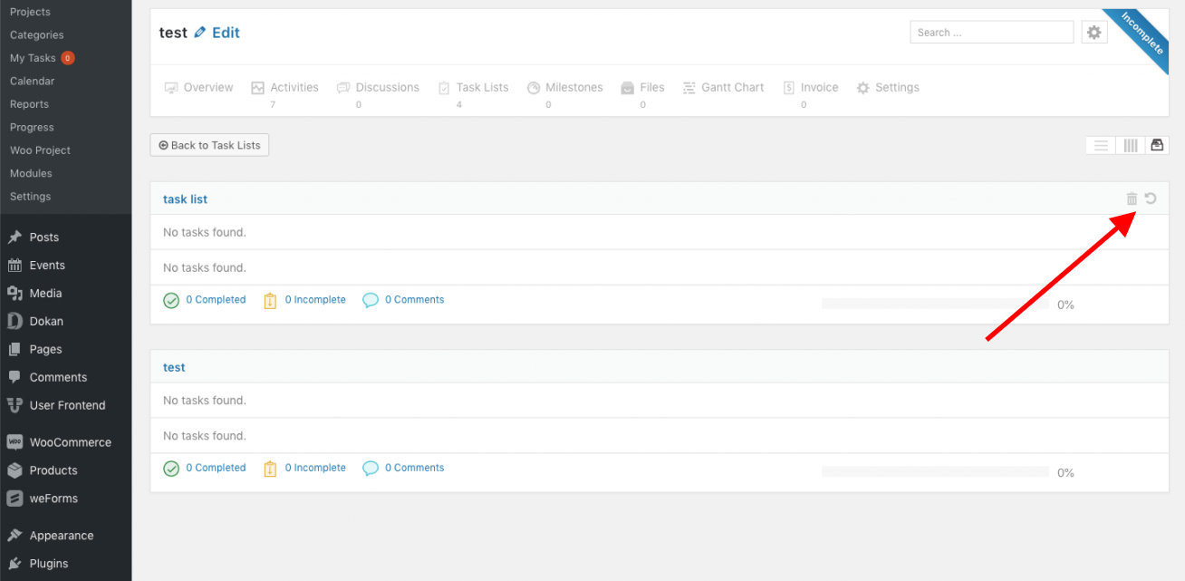 Restore deleted task list in WP Project Manager