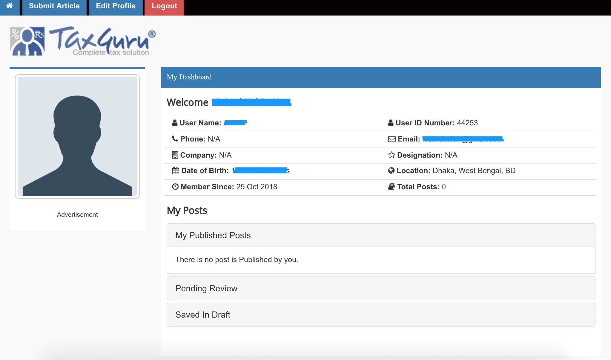 User Dashboard Taxguru