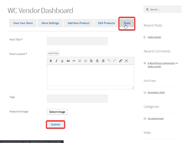 Vendor Dashboard