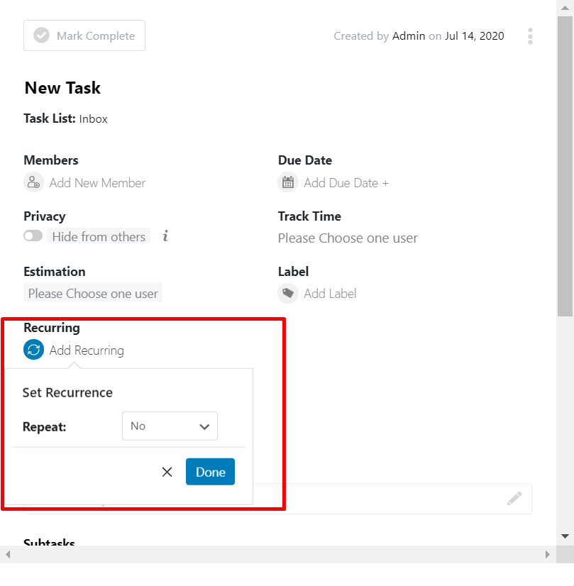 set recurrence- Setting up a Recurring Task