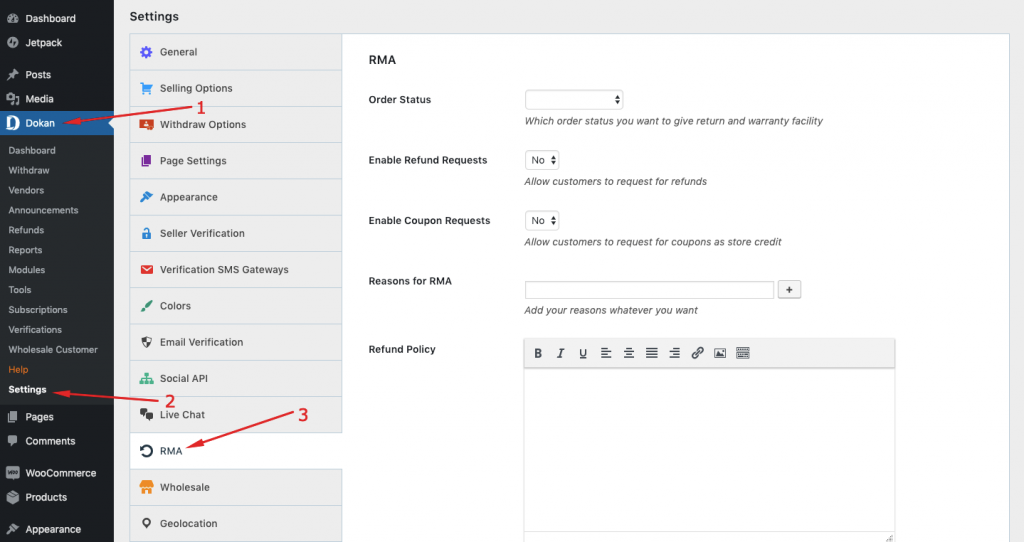 setup Dokan return and warranty module settings