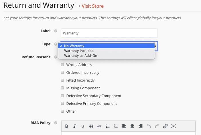this is a screenshot of Warranty type