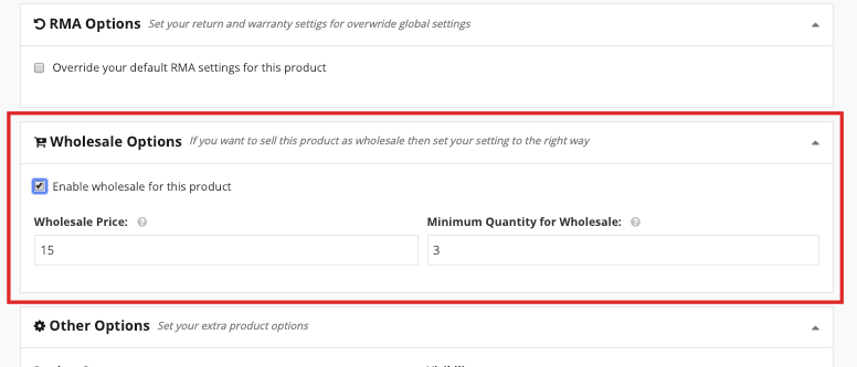 this is a screenshot of Wholesale options