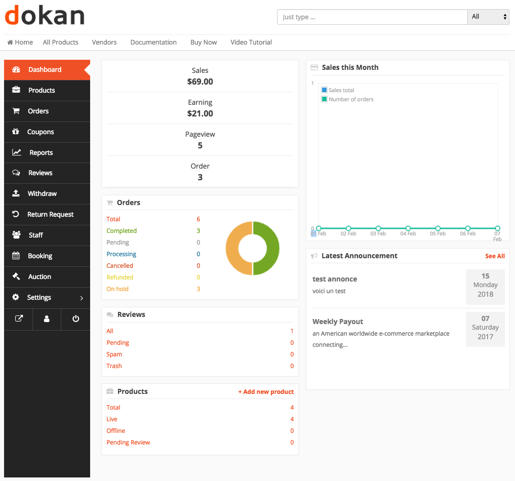 Dokan's top features and modules - Vendor Dashboard Dokan's top features