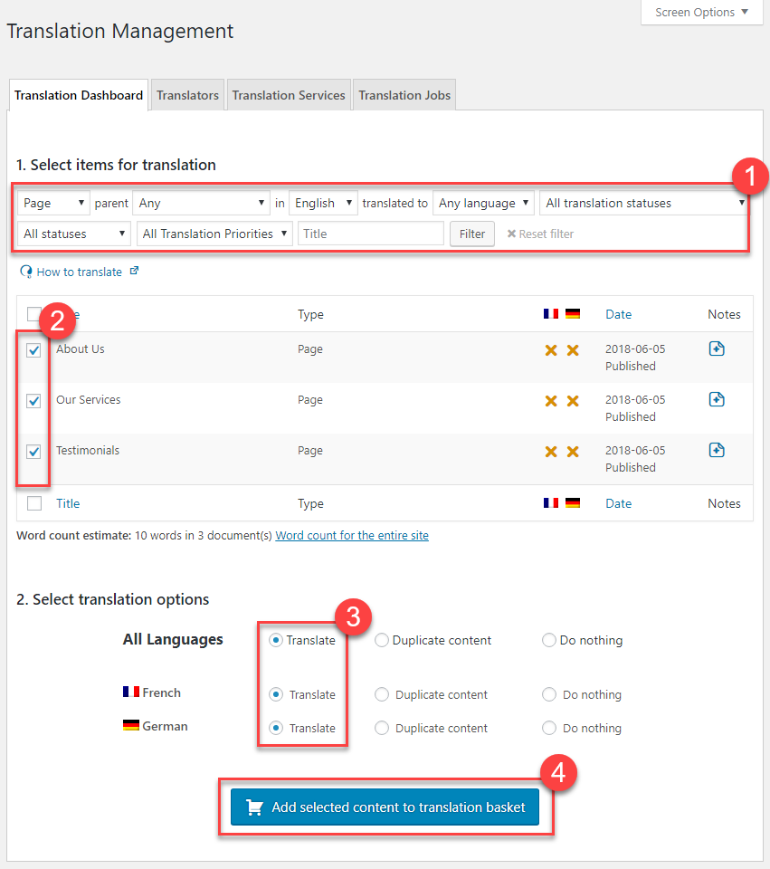 Translation Management page of WPML- WooCommerce multilingual store