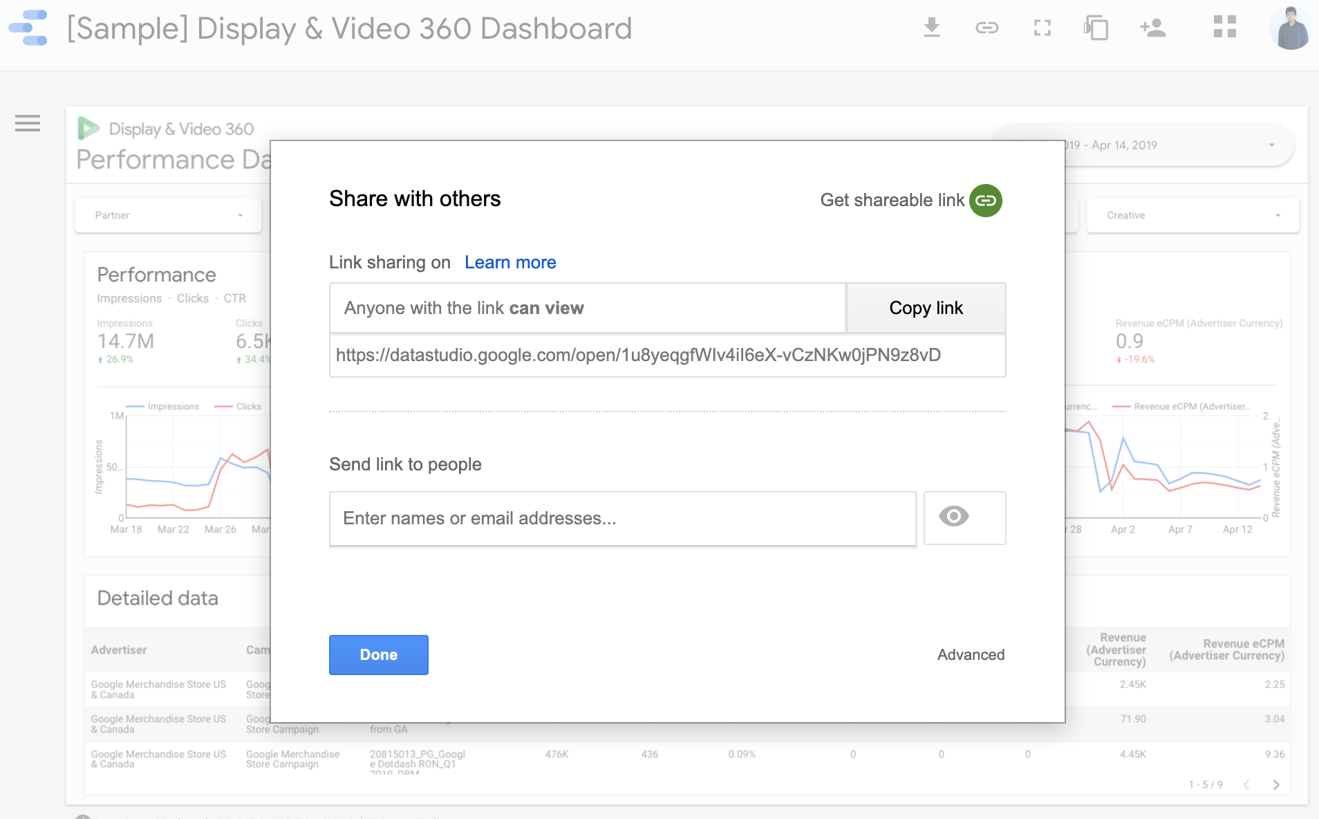 This is a screenshot of how to share data studio data 