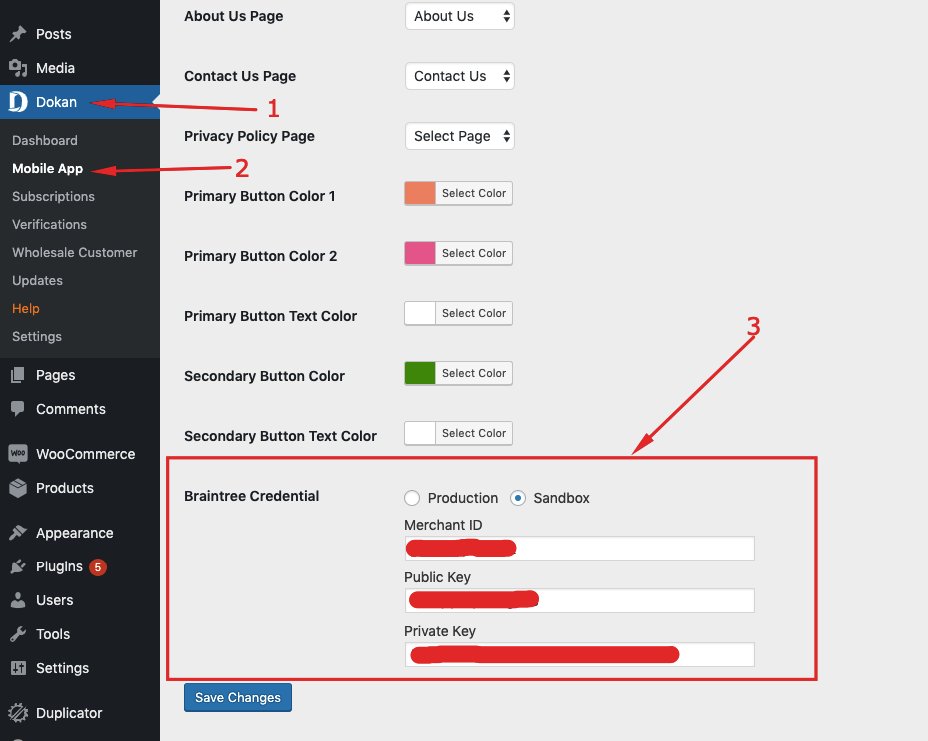 This image shows how to log in to braintree account on Dokan Mobile App