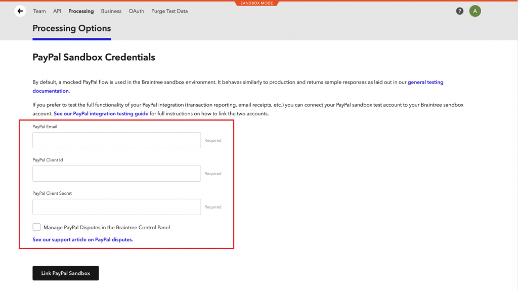 This image shows the PayPal sandbox credential options 