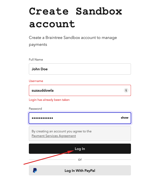 This image show how to Create a Sandbox account