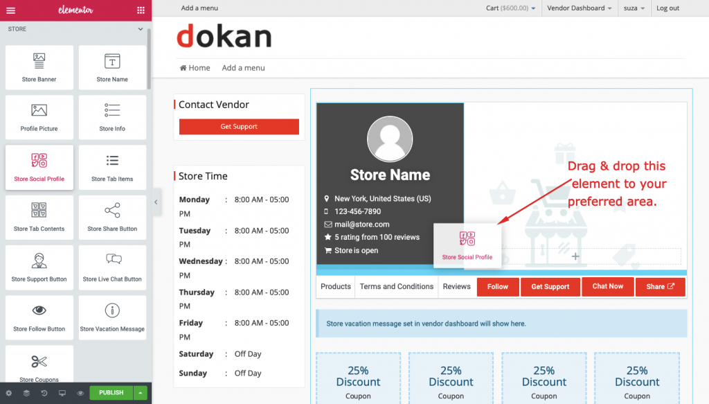 this is a screenshot of Dokan Elementor