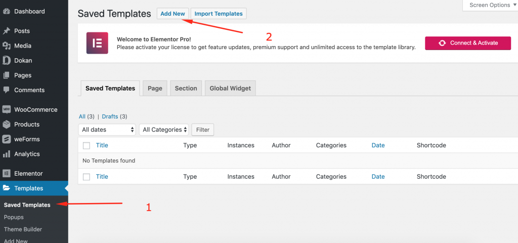This image shows how to add a template from Elementor template library. 