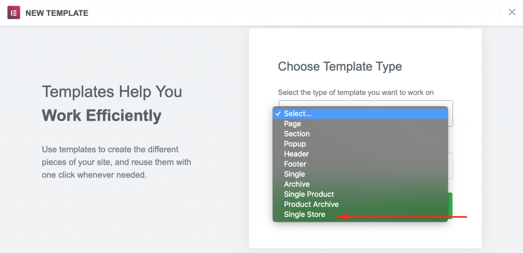 This is a screenshot that shows a drop down list with template types. 