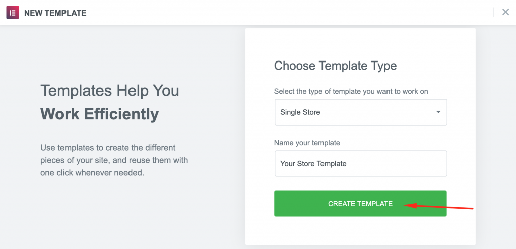 This is an image that shows where to click to create a new template using Elementor