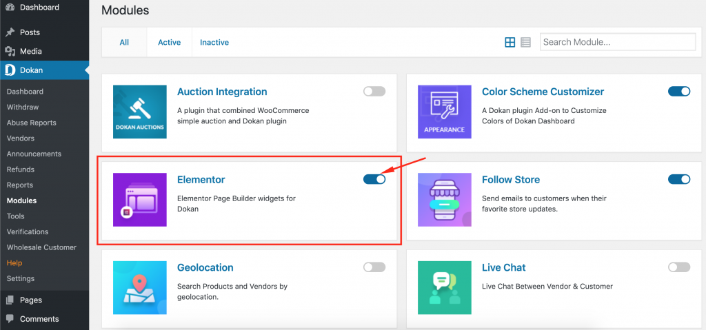 This image shows how to turn on the Elementor module for creating an online marketplace. 