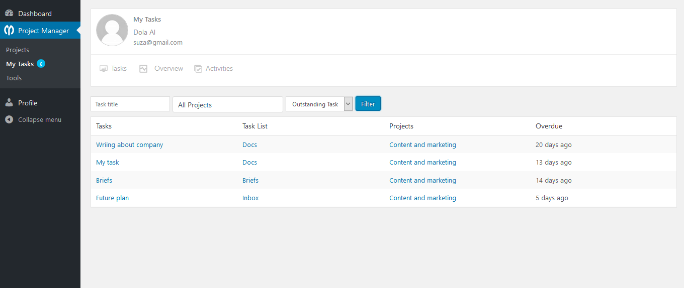 WP Project Manager- My task filter