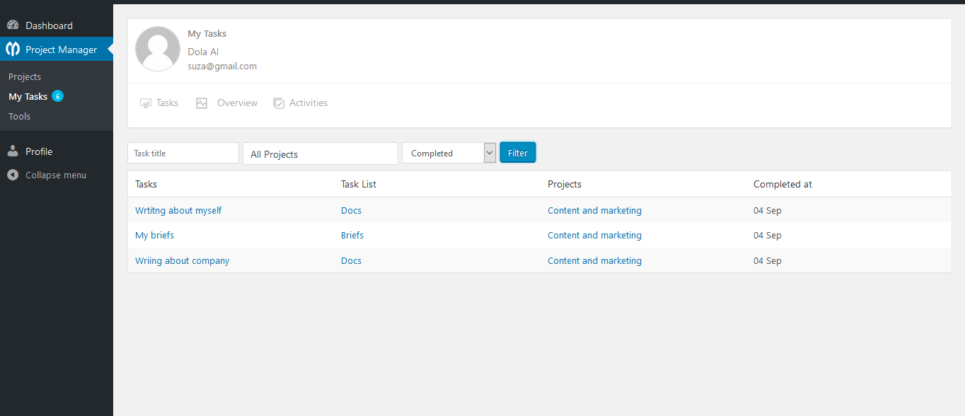 WP Project Manager- My task filtering