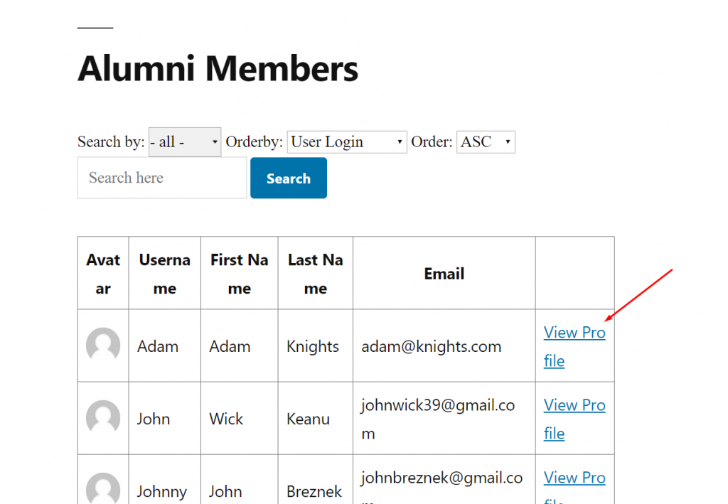 This is a screenshot of the view profile page how to create an alumni site