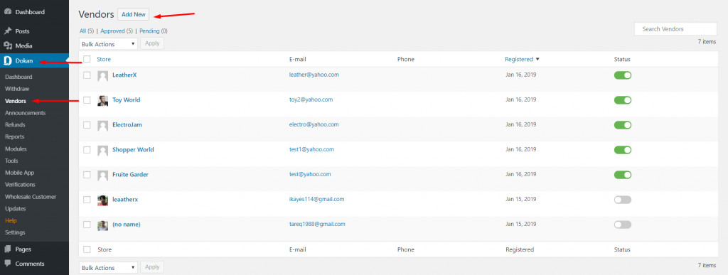 WP Admin Dashboard > Dokan > Vendors