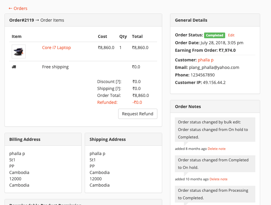 This image shows Dokan order general details 