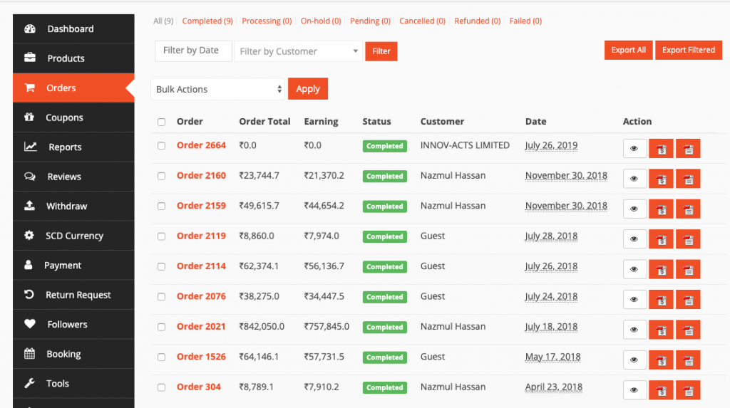 This image shows the Dokan order listing interface 