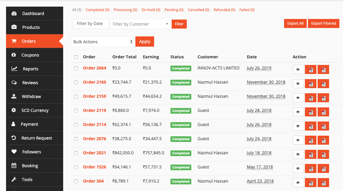 A screenshot of Dokan Order management 