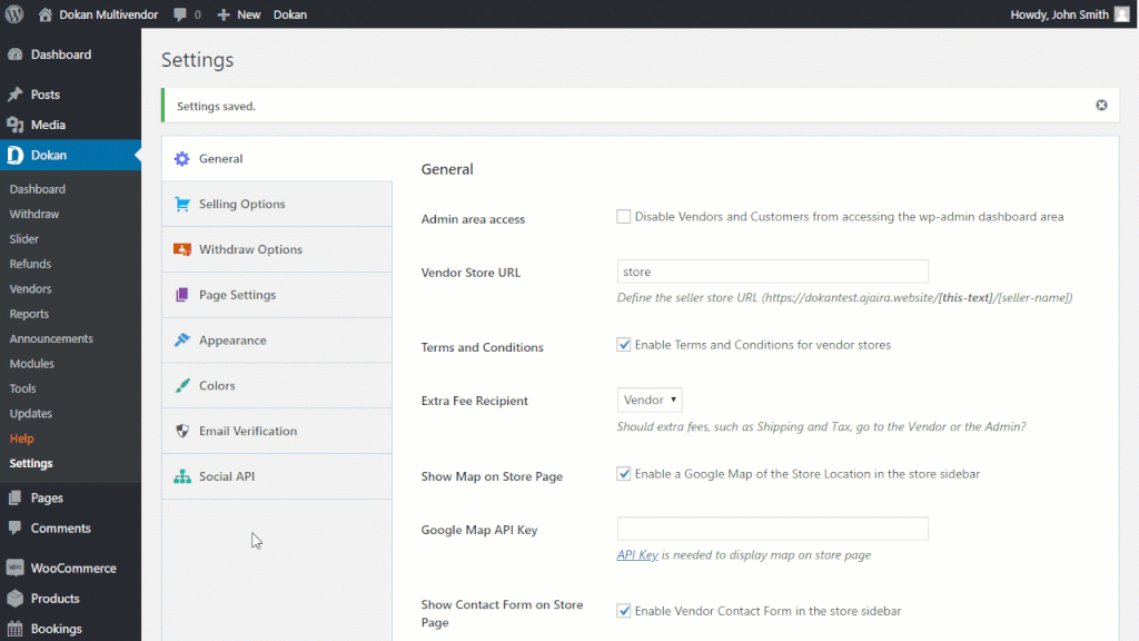 Dokan dashboard for general settings