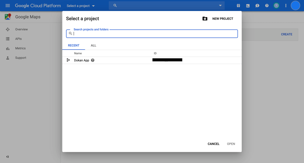 Select a project Google Maps Api Key